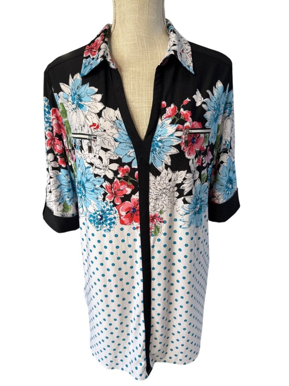 Nygard Floral & Polka Dot Collared Blouse 3/4 Sleeve 2XL Black/White/Multicolor